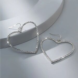 Cali Big Heart Design Sparkling Rhinestone Earrings silver 2.2”x1.60”